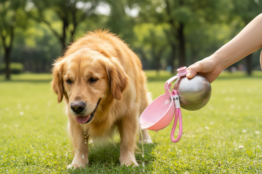 Hund dricker från en portabel vattenflaska i rostfritt stål med rosa drickskål