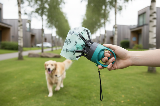 Portabel bajsplockare i användning under en hundpromenad