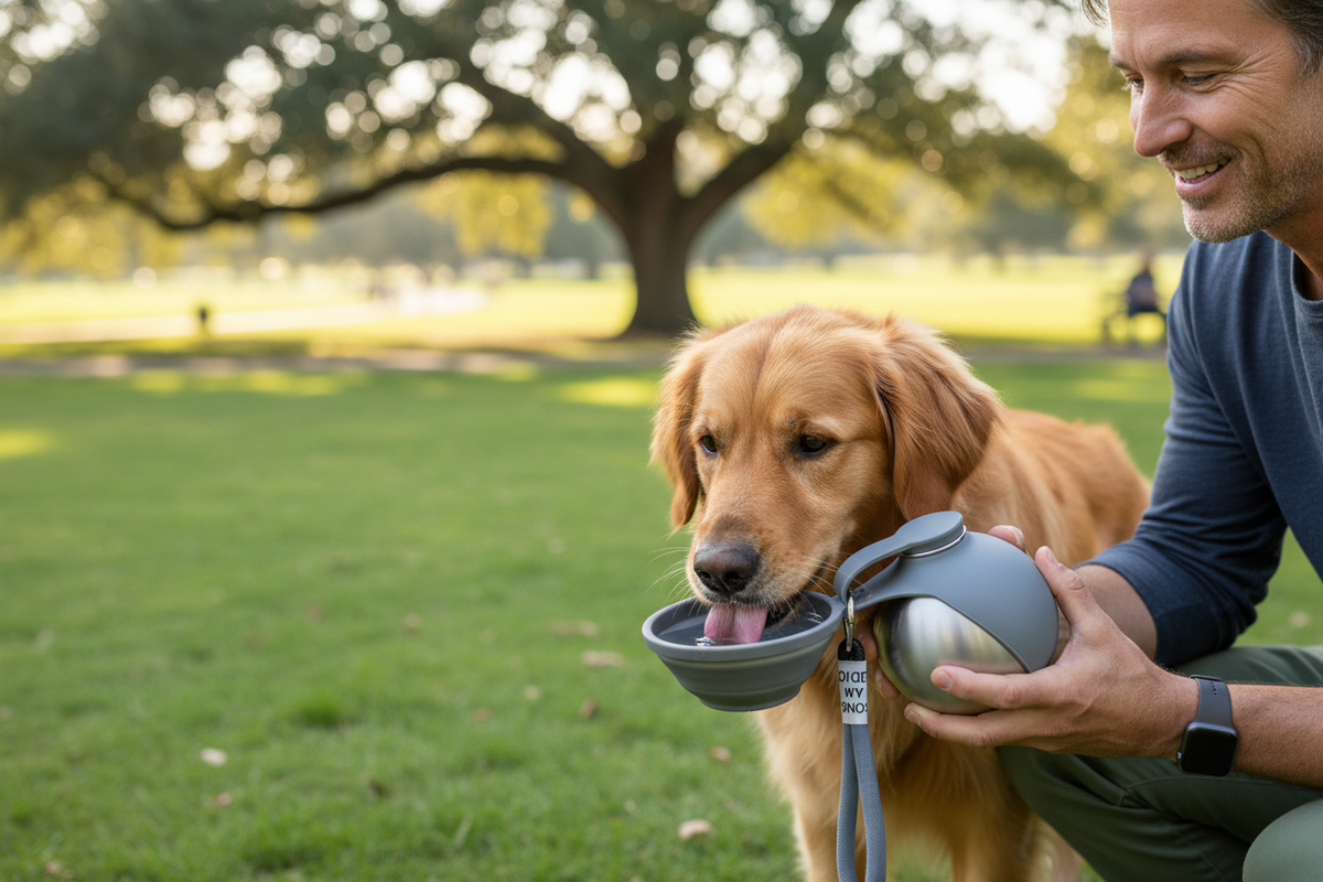 Hund dricker från en grå portabel vattenflaska i rostfritt stål under en promenad