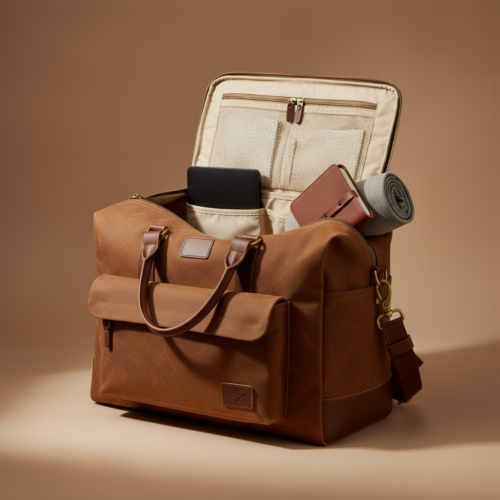 Weekender Canvas 35L öppen med packat innehåll